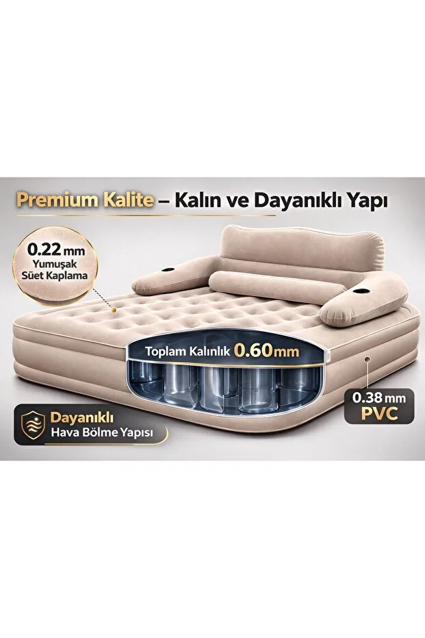 Çift Kişilik Otomatik Şişme Yatak Çıkarılabilir Başlıklı Kamp ve Misafir Yatağı 203x152x40cm